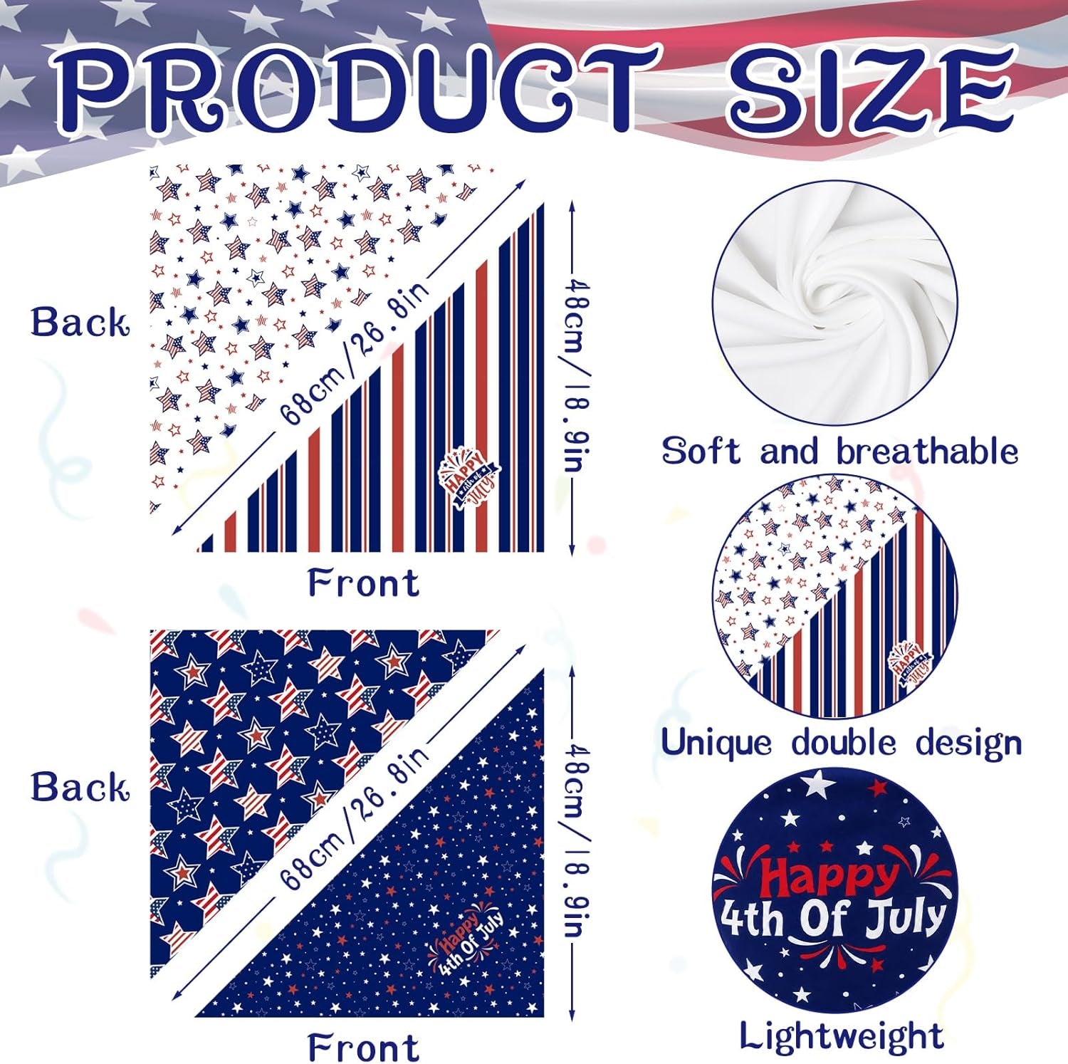 4Th of July Bandanas for Dog - 2 Pcs Reversible Patriotic Dog Bandanas with Star for Fourth of July Memorial Independence Day Parades Freedom Day Family Photos