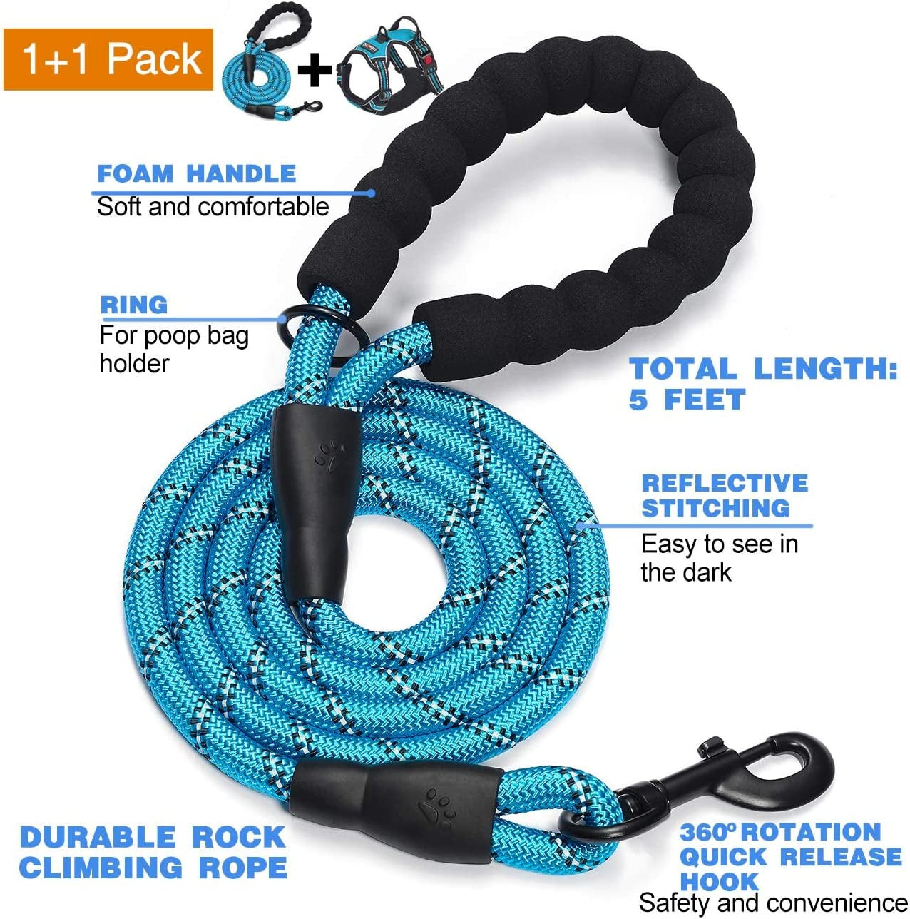 No Pull Dog Harness Adjustable Reflective Oxford Easy Control Medium Large Dog Harness with a Free Heavy Duty 5Ft Dog Leash