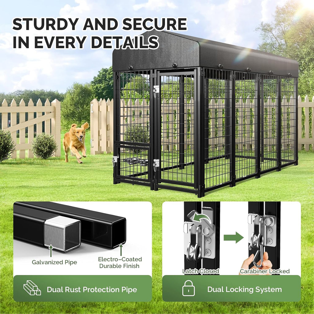 Outdoor Dog Kennel outside Run with Doggy Door, Swivel Feeder&Roof - 8X4X6Ft Large Dog Kennels Pens outside for Large Dogs Breed- Heavy Duty Cage Yard (Can Connect to Your Dog House)