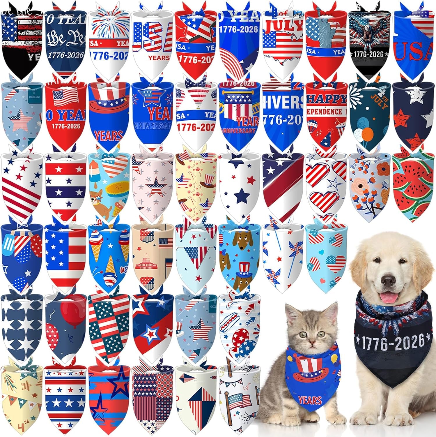50 Pcs 4Th of July Dog Bandanas 250Th Anniversary Pet Bandanas Bulk Independence Day Triangle Pet Bibs Scarf for Medium Large Dog 4Th of July 250Th Festival Costume