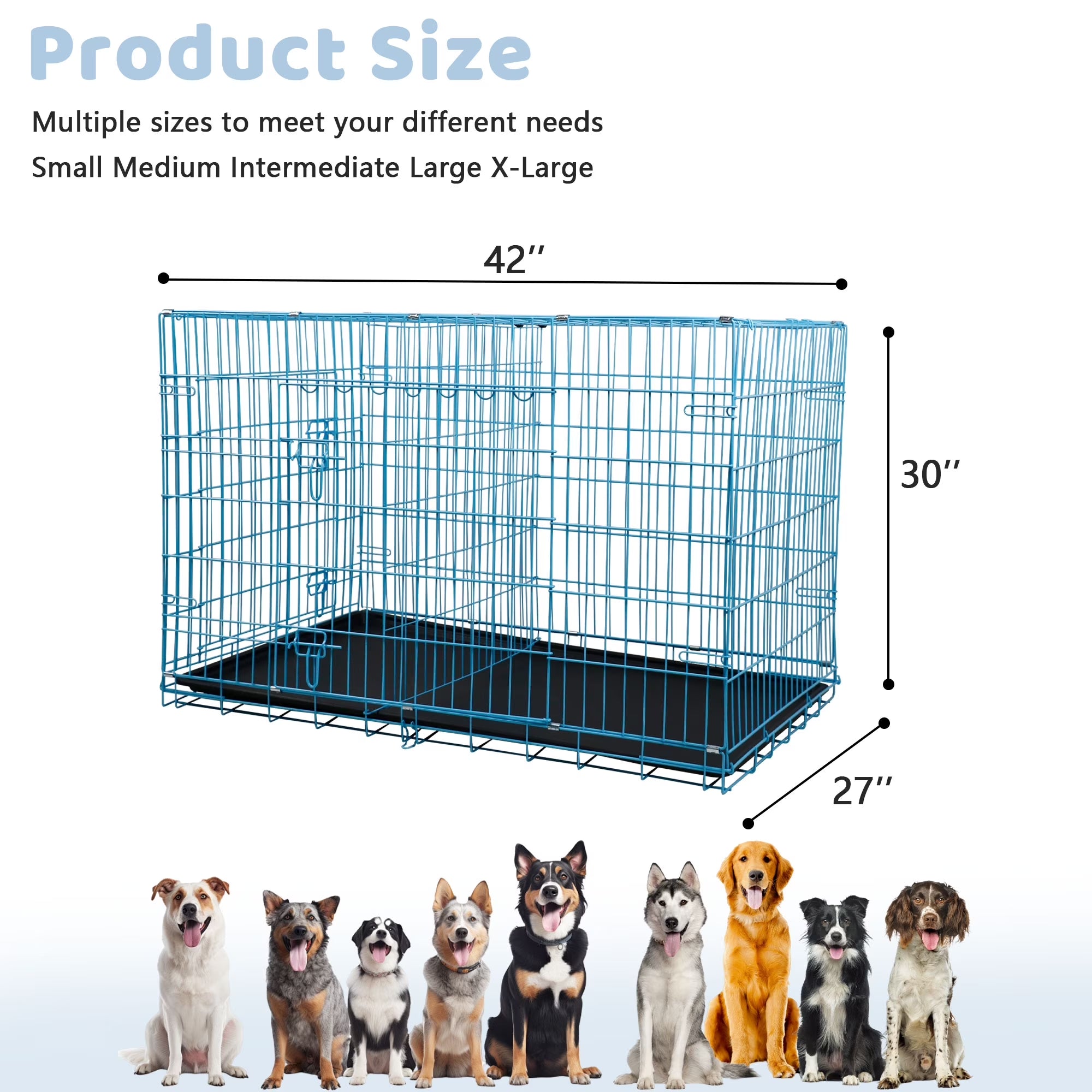 42 Inch Dog Crate, Dog Crates and Kennels for Big Dog Foldable Large Dog Crate for Large Dogs with Handle Double-Door Outdoor Metal Wire Dog Cage with Plastic Tray for Medium Dogs, Blue
