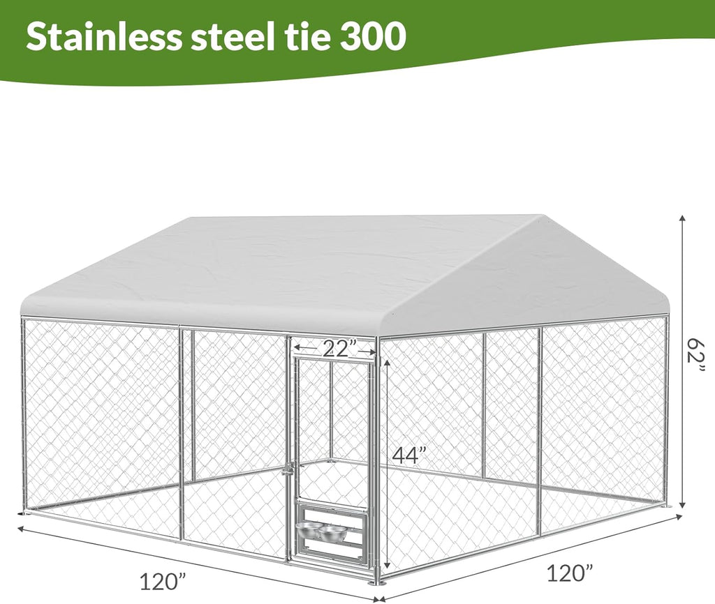 10X10 Ft Dog Kennel Outside, Outdoor Dog Kennel with Roof, Dog Kennels Outdoor with Steel Rotating Feeder Bowls, outside Kennel for Large Dogs