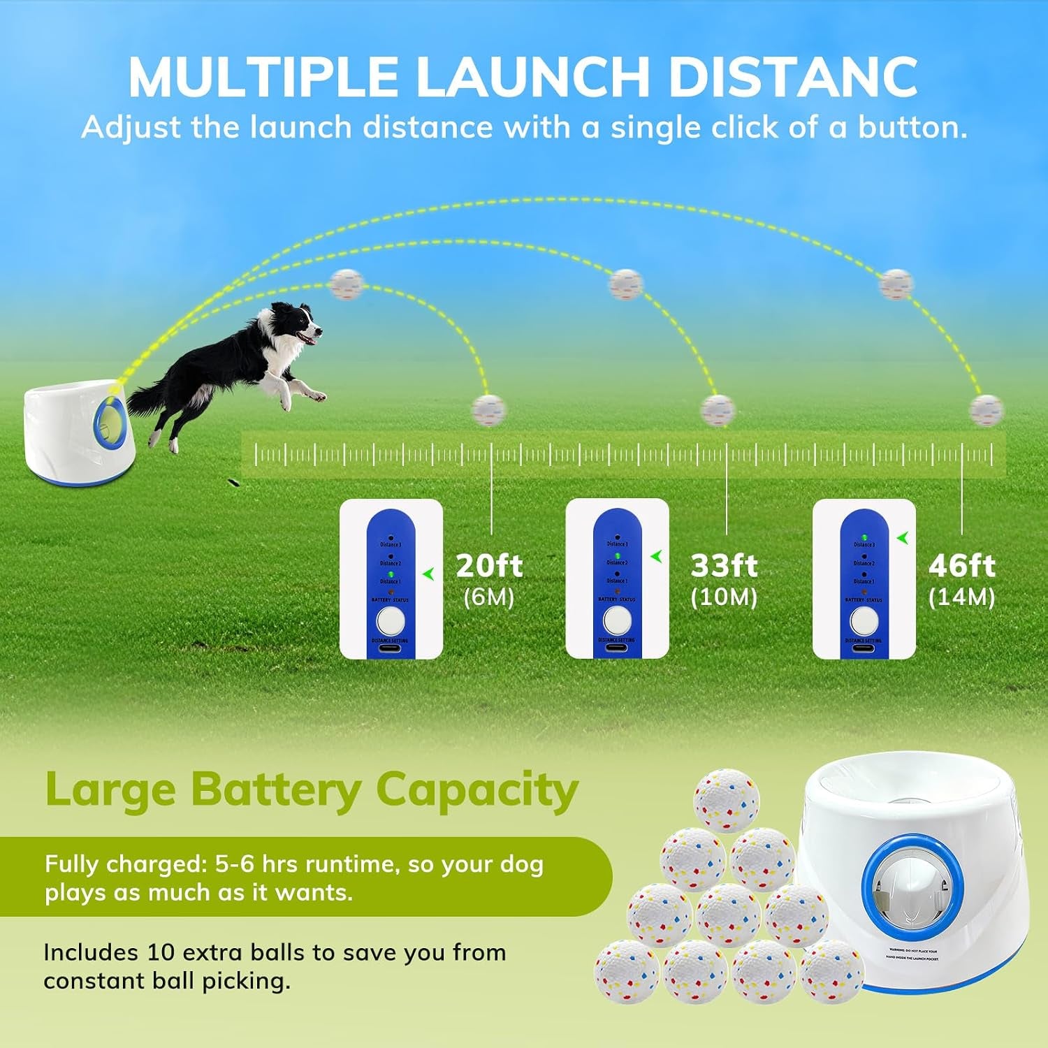 Dog Ball Launcher, Chuck It Ball Launcher, Dog Balls Thrower with 10 2.28-Inch Balls, 3 Adjustable Distances, Indoor/Outdoor Toy for Small/Medium Dogs, Rechargeable