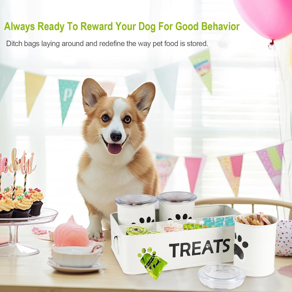 28Oz Metal Dog Treat Container Set of 3,Dog Treat Jars with Airtight Lids,Cat Treat Jar,Dog Treat Canister for Countertop,Coated Galvanized Steel Dog Treats Station-White