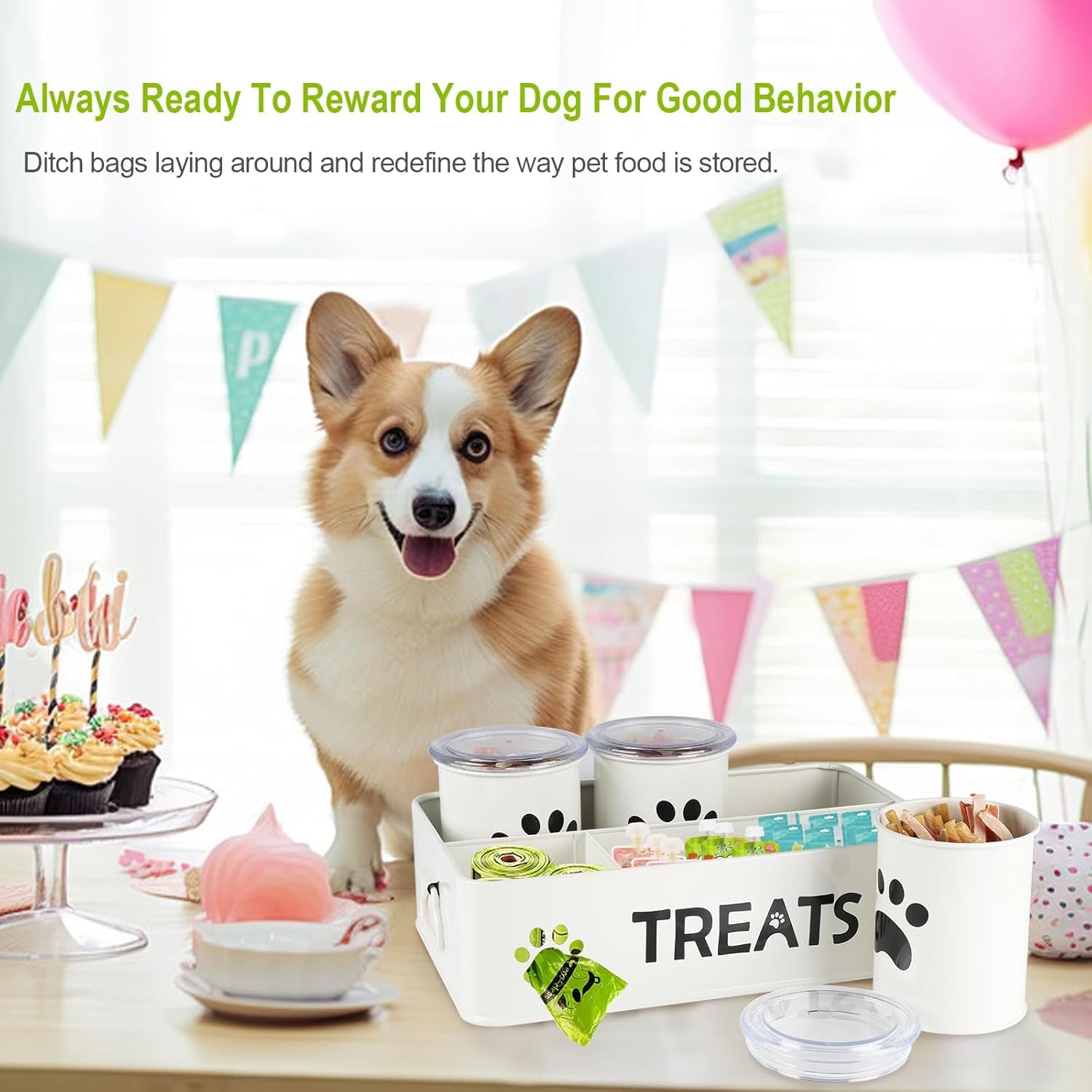 28Oz Metal Dog Treat Container Set of 3,Dog Treat Jars with Airtight Lids,Cat Treat Jar,Dog Treat Canister for Countertop,Coated Galvanized Steel Dog Treats Station-White