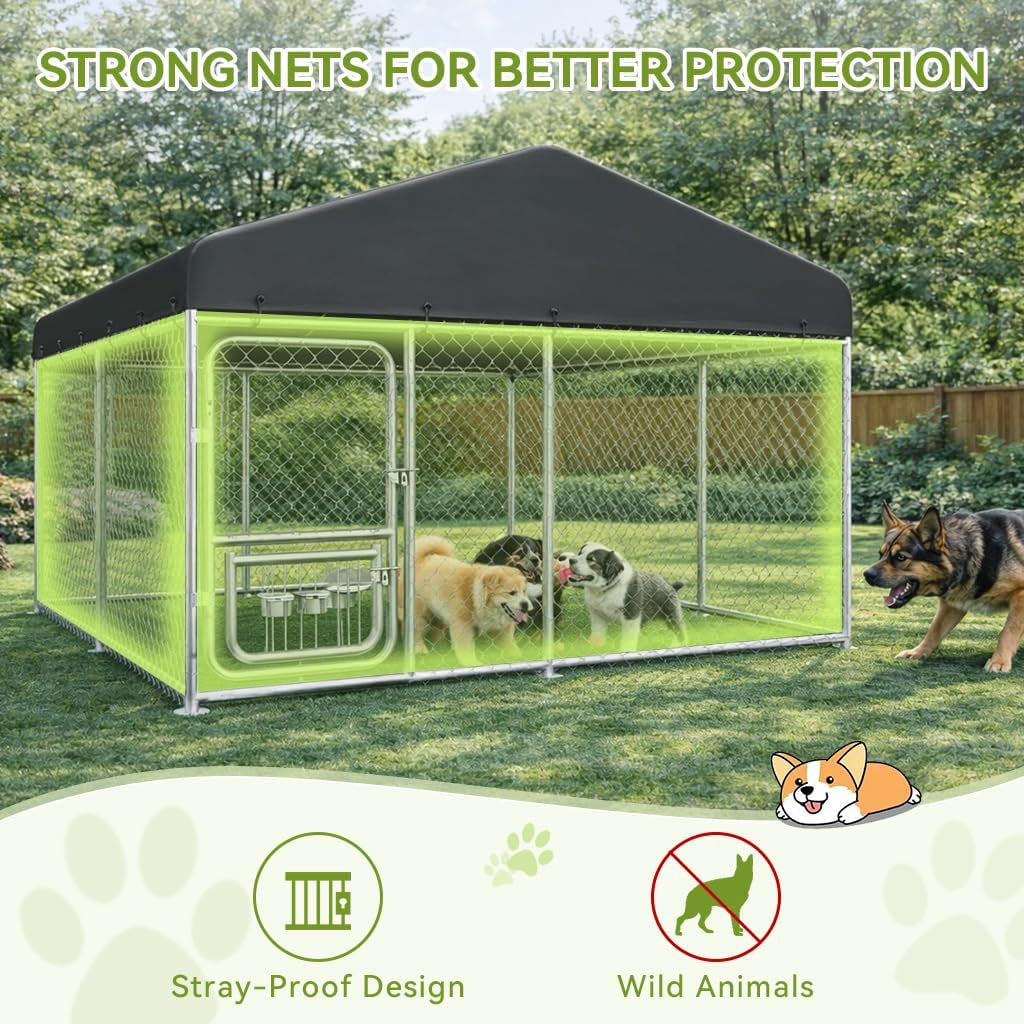10×10FT Outdoor Dog Kennel with Adjustable Bowls Feeder Heavy Duty Extra-Large Dog Enclosure with Roof & Lock All Weather Resistant for Medium Large Dogs (Dark Black, 10X10Ft (124In)