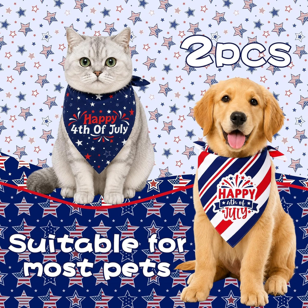 4Th of July Bandanas for Dog - 2 Pcs Reversible Patriotic Dog Bandanas with Star for Fourth of July Memorial Independence Day Parades Freedom Day Family Photos
