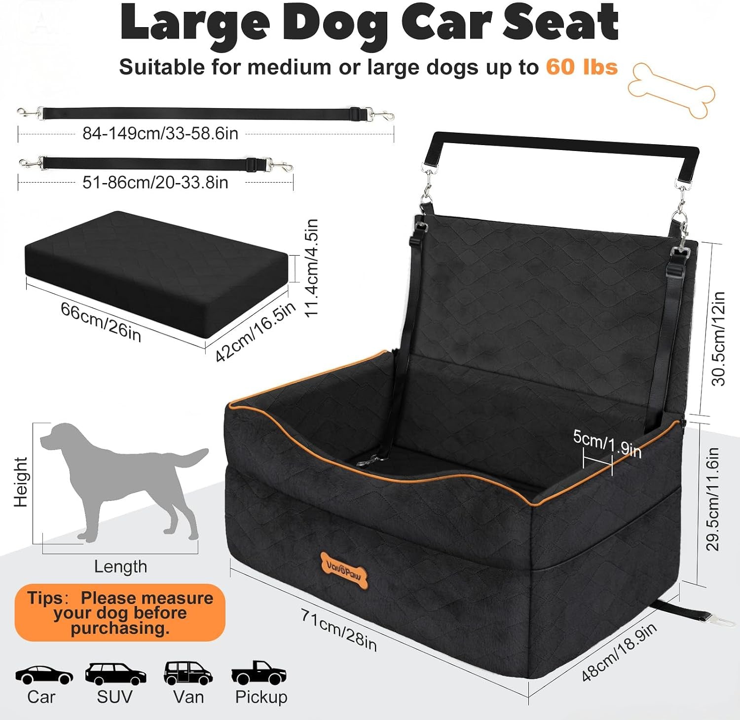 Medium Dog Car Seat, Dog Booster Seat under 50Lbs or 2 Small Dogs Washable, Pet Car Seats with 2 Safety Leash, Dogs Sofa Bed Cushion Add Thick Sponge, Pet Cars Carrier for Travel, Black