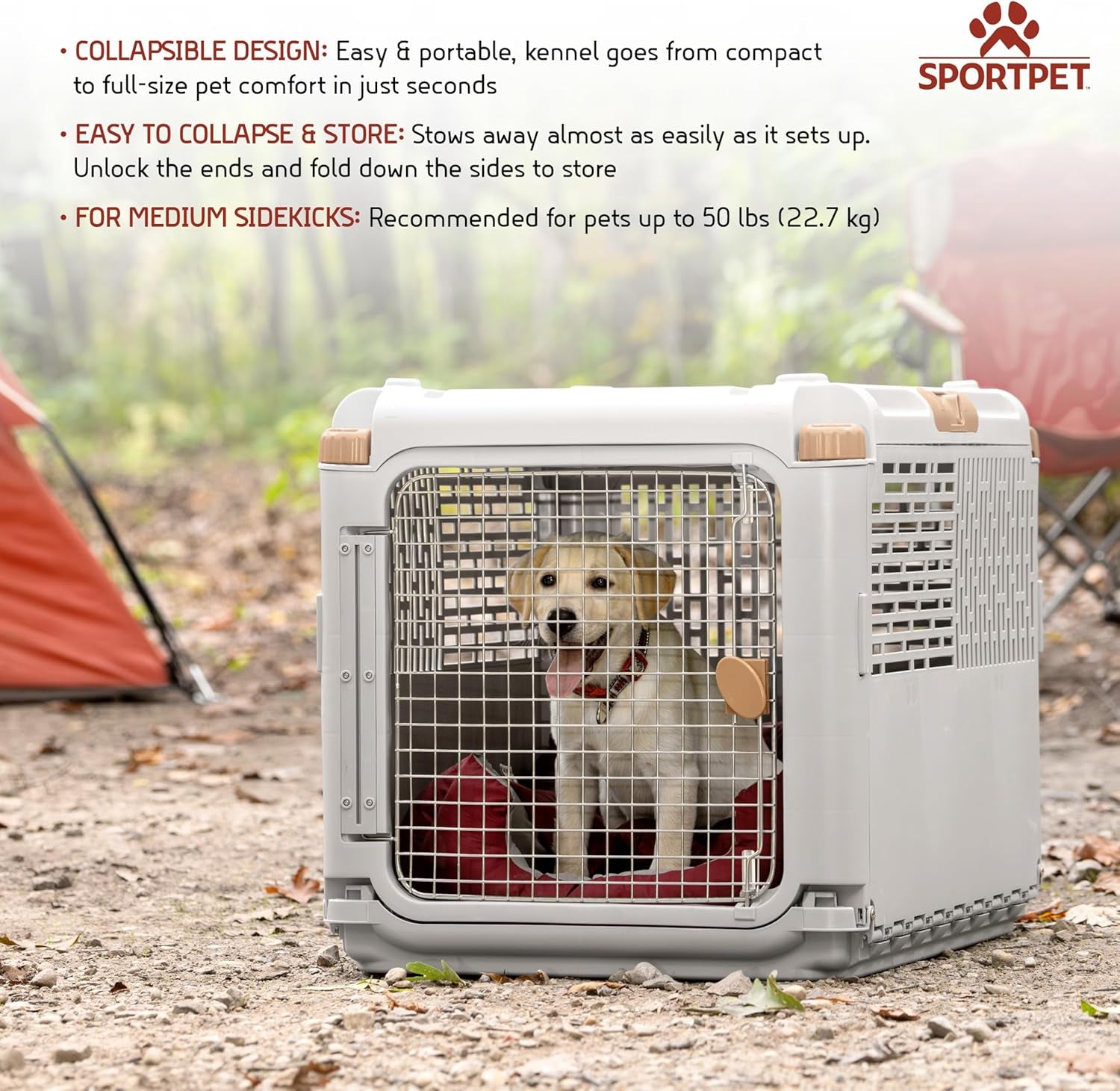 Collapsible Medium Pet Travel Carrier (Tan), Hard-Sided Kennel for Medium Dogs, Puppies, Cats, Kittens, Animals up to 50Lbs, Washable Home & Outdoor Pet Crate, 30.6"L X 22"W X 23.25"H