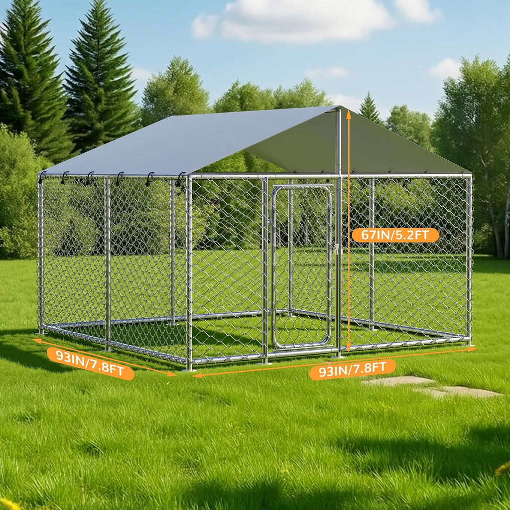 7.8X7.8 FT Extra Large & Heavy Duty Dog Kennel Run - Outdoor Metal Enclosure with Lockable Door and Waterproof Cover for Big Dogs