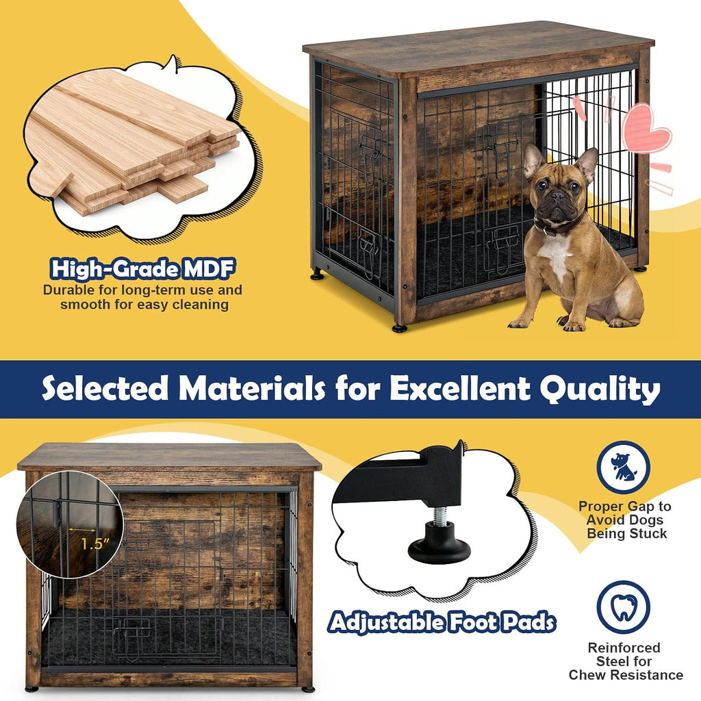 Dog Crate Furniture with Removable Tray/Felt Mat, Wood Dog Cage End Table for Small & Medium Dogs, Industrial Double Doors Chew-Proof Dog House Dog Kennel Indoor