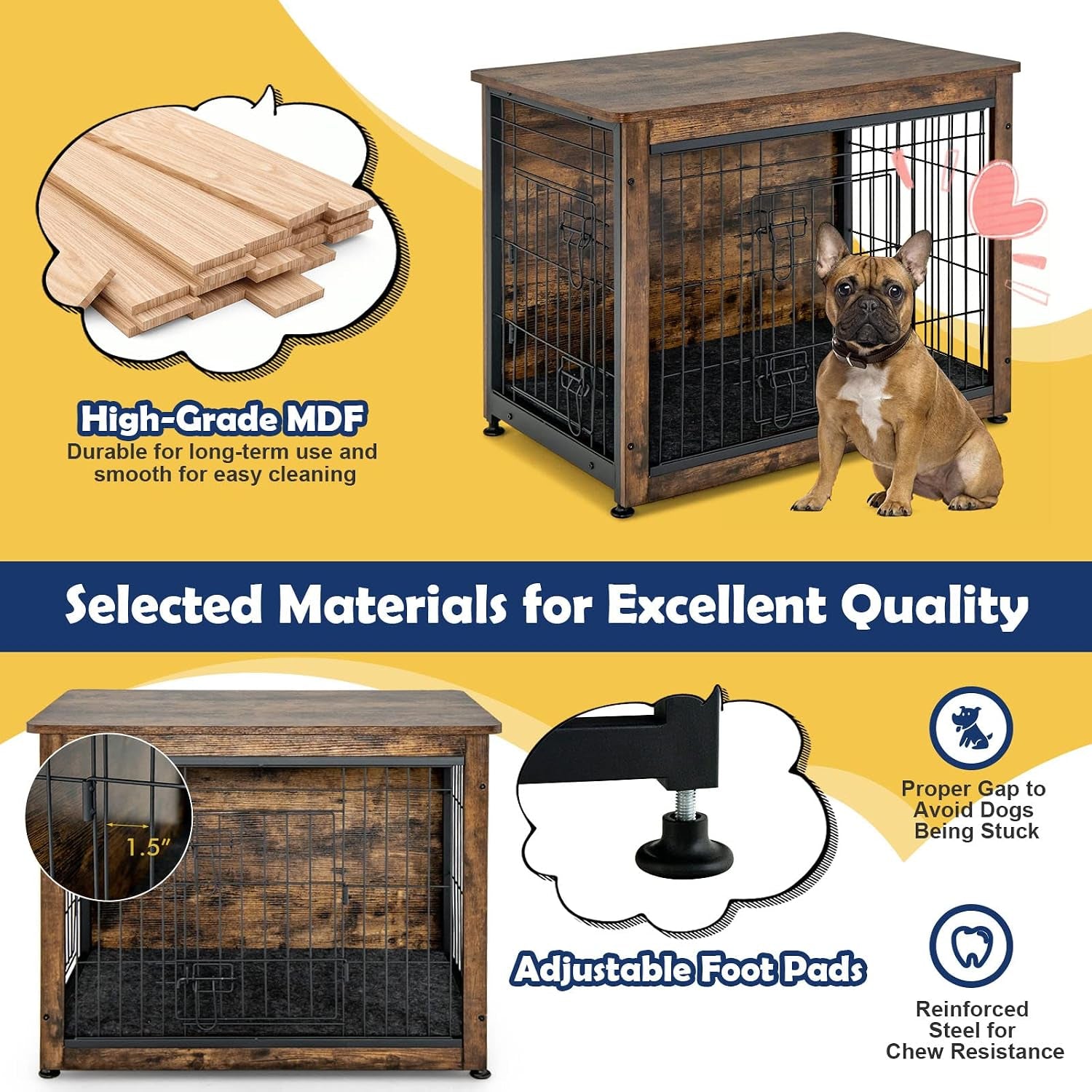 Dog Crate Furniture with Removable Tray/Felt Mat, Wood Dog Cage End Table for Small & Medium Dogs, Industrial Double Doors Chew-Proof Dog House Dog Kennel Indoor