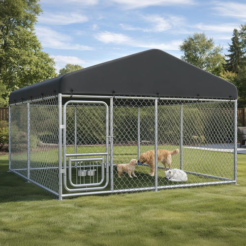 10×10FT Outdoor Dog Kennel with Adjustable Bowls Feeder Heavy Duty Extra-Large Dog Enclosure with Roof & Lock All Weather Resistant for Medium Large Dogs (Dark Black, 10X10Ft (124In)