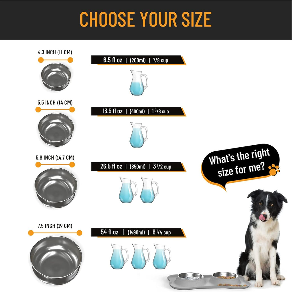 Dog Bowl Set, Stainless Steel No Spill Mess-Proof Food & Water Food Bowls with Skid Resistant Silicone Mat, Dog Bowls Small Size Dog, Medium, & Large, Pet Puppy Bowls & Dog Dishes