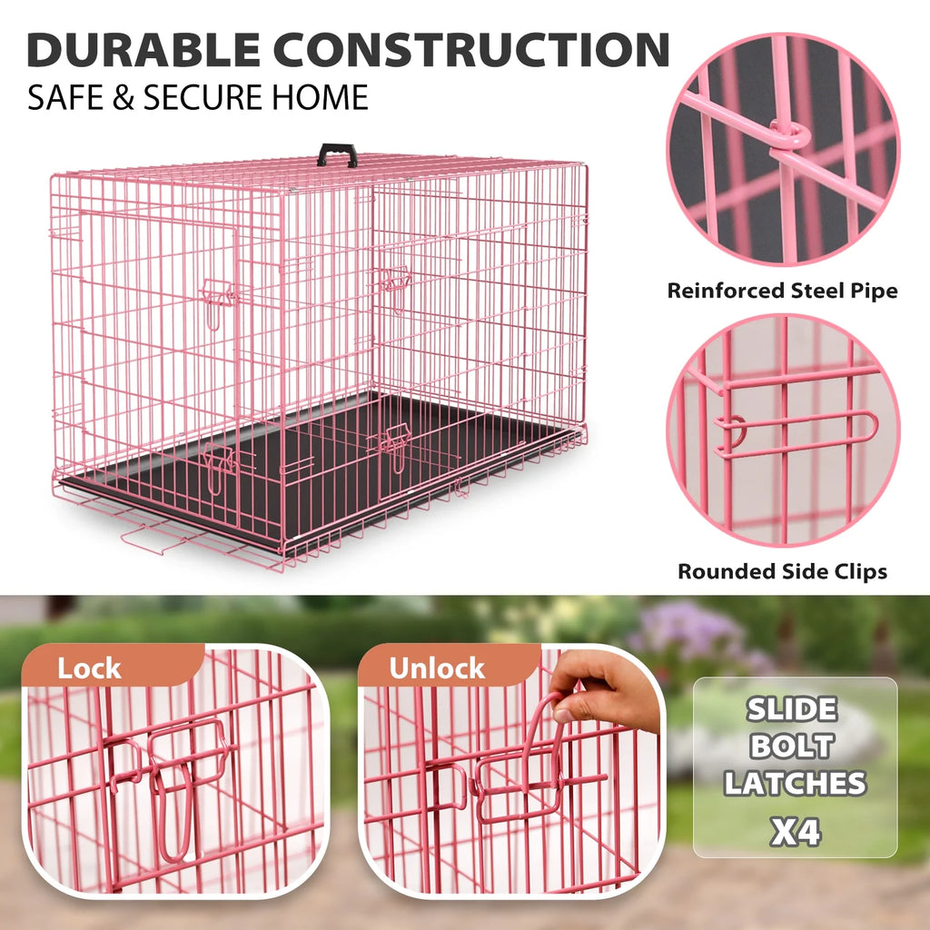 36 Inch Dog Crate, Dog Crates and Kennels Foldable Large Dog Crate for Large Dogs with Handle Double-Door Outdoor Metal Wire Dog Cage with Plastic Tray for Medium Dogs, Pink