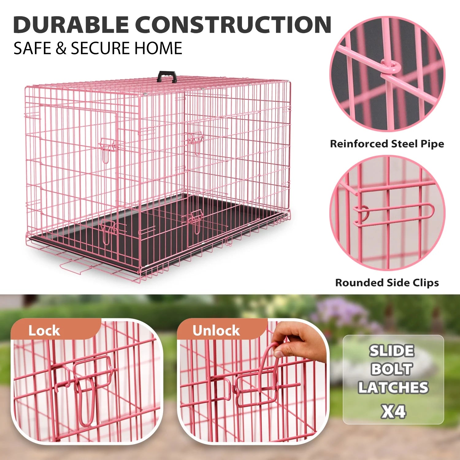 36 Inch Dog Crate, Dog Crates and Kennels Foldable Large Dog Crate for Large Dogs with Handle Double-Door Outdoor Metal Wire Dog Cage with Plastic Tray for Medium Dogs, Pink