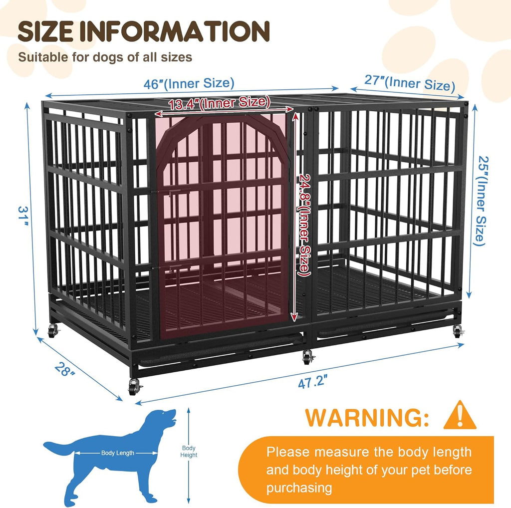 48 Inch Heavy Duty Dog Crate Indestructible Dog Kennel Large Indoor Escape Proof Big Cage for High Anxiety Large Dogs with Wheels, Locks and Removable Trays