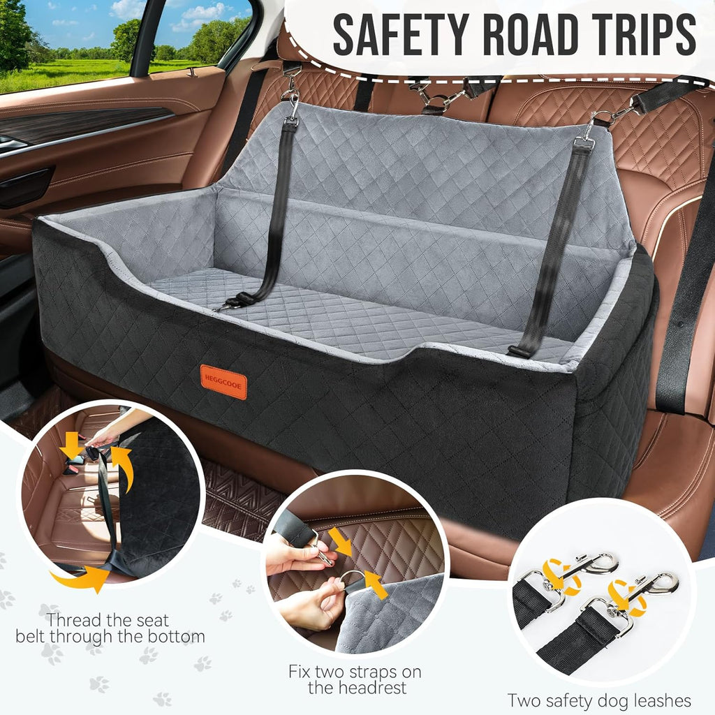 Large Dog Car Seat under 100 Lbs, Washable Dog Car Bed for 2 Medium Dogs, Detachable Pet Booster Seat with Storage Pocket and Seat Belt for Back Seat Dog Travel Bed