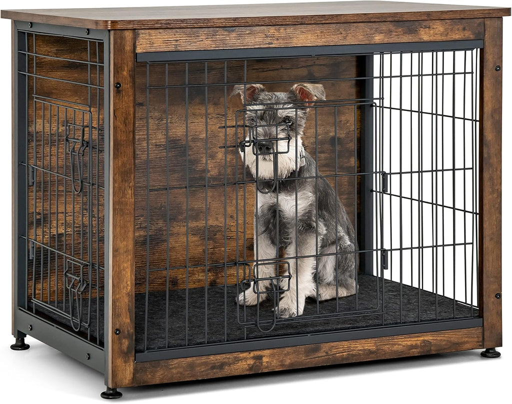 Dog Crate Furniture with Removable Tray/Felt Mat, Wood Dog Cage End Table for Small & Medium Dogs, Industrial Double Doors Chew-Proof Dog House Dog Kennel Indoor