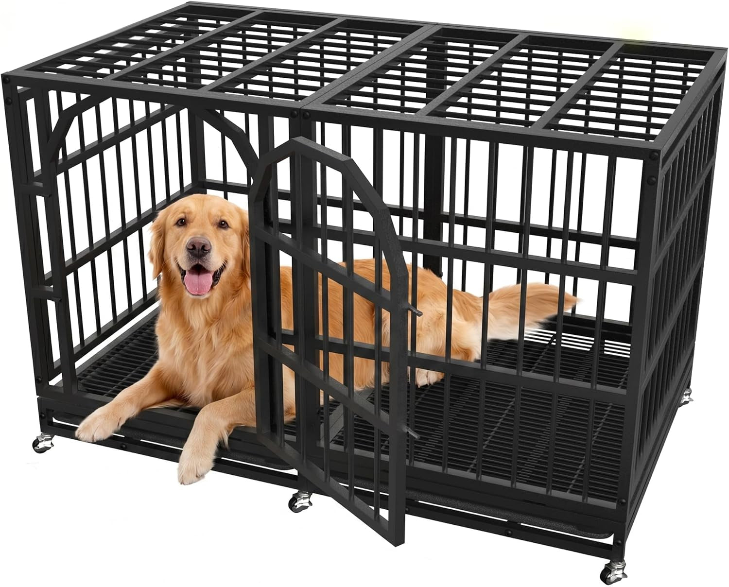 48 Inch Heavy Duty Dog Crate Indestructible Dog Kennel Large Indoor Escape Proof Big Cage for High Anxiety Large Dogs with Wheels, Locks and Removable Trays