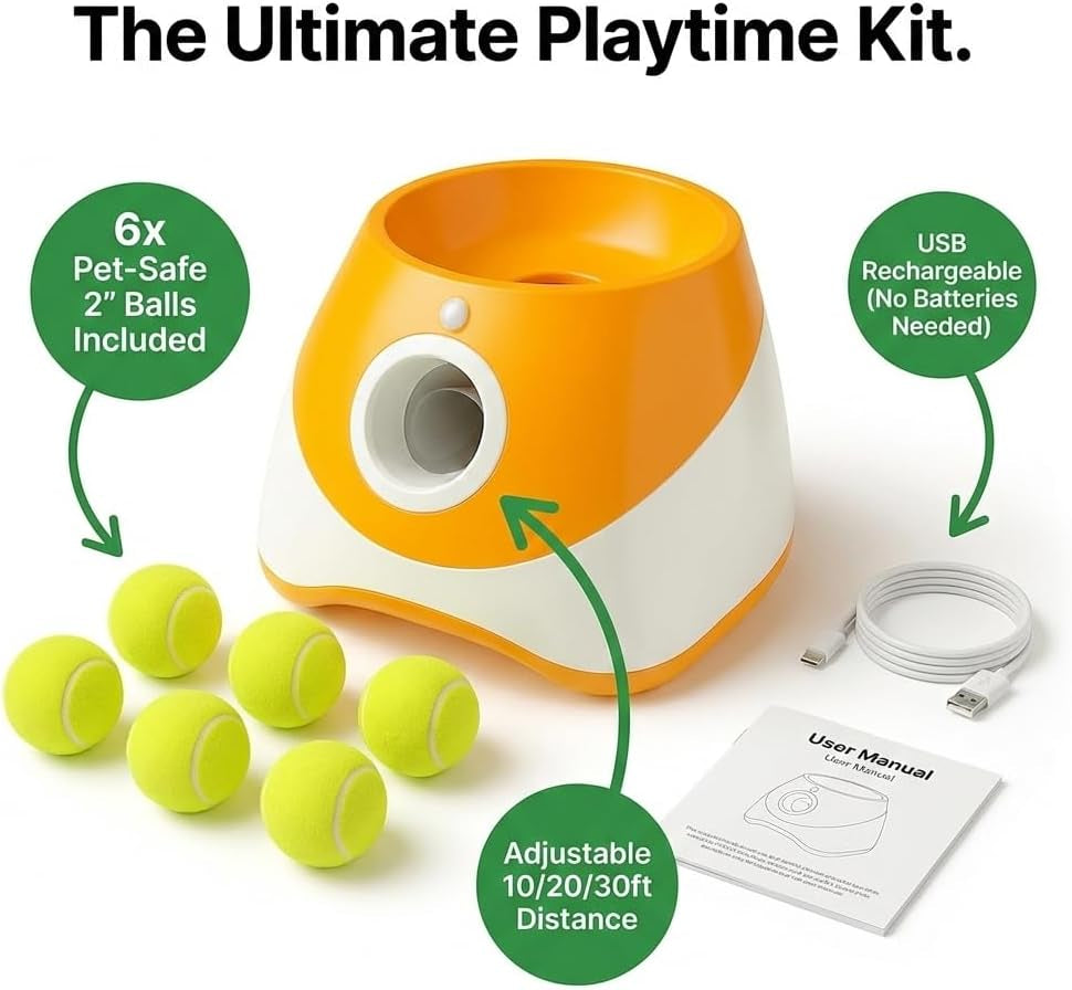 Dog Ball Thrower – Automatic Interactive Pet Tennis Ball Launcher with 6 Balls, USB Charging & Multiple Distance Settings Indoor & Outdoor Training & Play Toy for Small & Medium Dogs (Yellow)