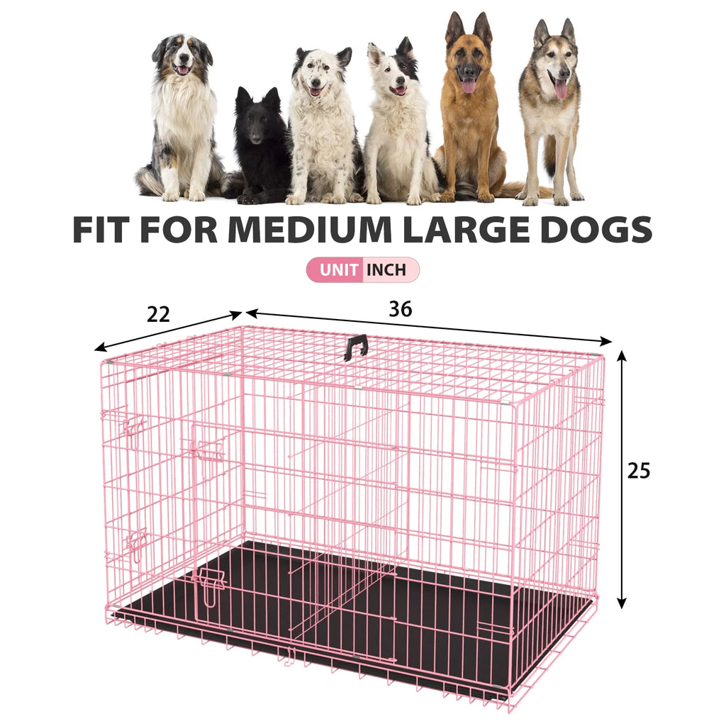 36 Inch Dog Crate, Dog Crates and Kennels Foldable Large Dog Crate for Large Dogs with Handle Double-Door Outdoor Metal Wire Dog Cage with Plastic Tray for Medium Dogs, Pink