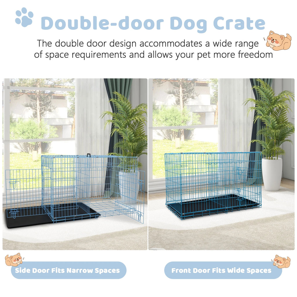 42 Inch Dog Crate, Dog Crates and Kennels for Big Dog Foldable Large Dog Crate for Large Dogs with Handle Double-Door Outdoor Metal Wire Dog Cage with Plastic Tray for Medium Dogs, Blue