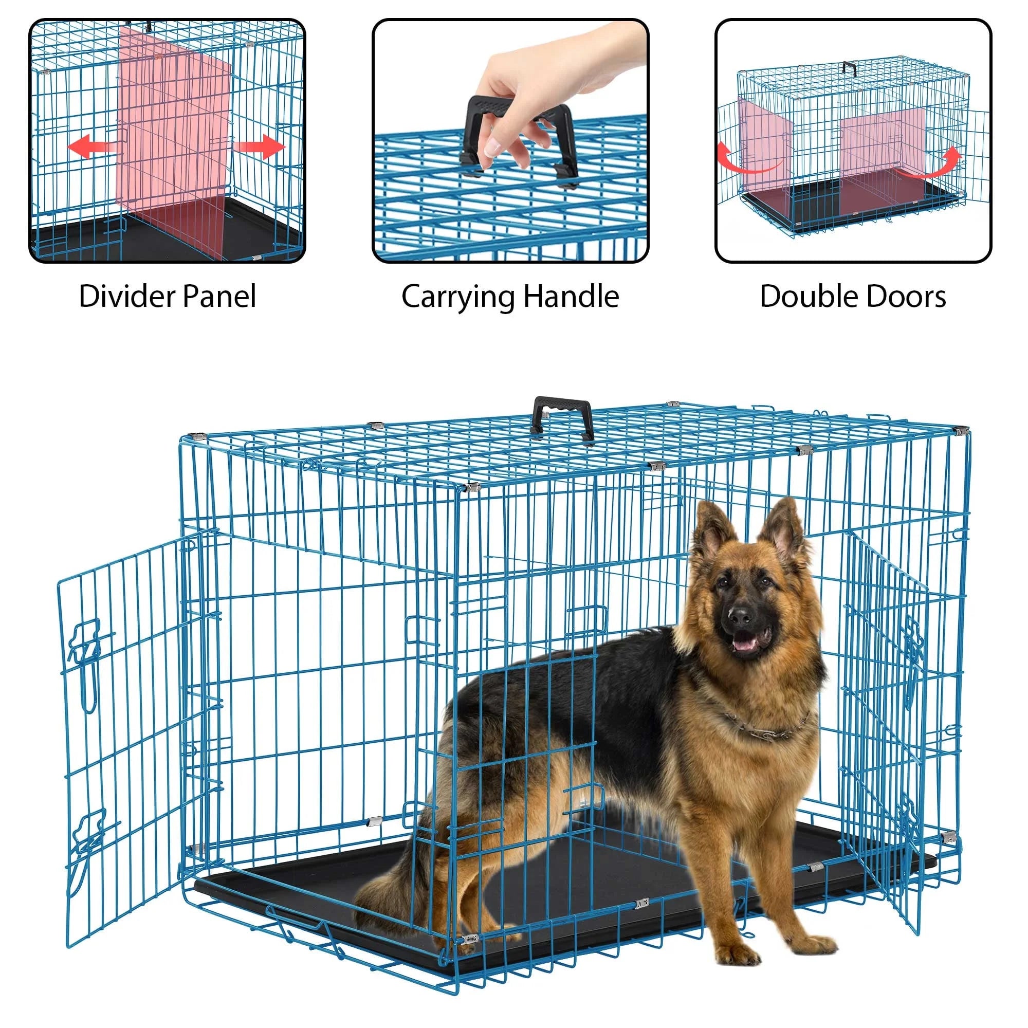 42 Inch Dog Crate, Dog Crates and Kennels for Big Dog Foldable Large Dog Crate for Large Dogs with Handle Double-Door Outdoor Metal Wire Dog Cage with Plastic Tray for Medium Dogs, Blue