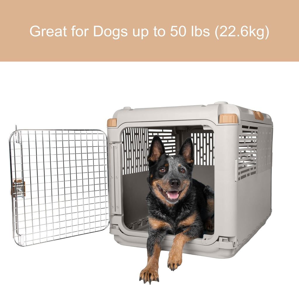 Collapsible Medium Pet Travel Carrier (Tan), Hard-Sided Kennel for Medium Dogs, Puppies, Cats, Kittens, Animals up to 50Lbs, Washable Home & Outdoor Pet Crate, 30.6"L X 22"W X 23.25"H