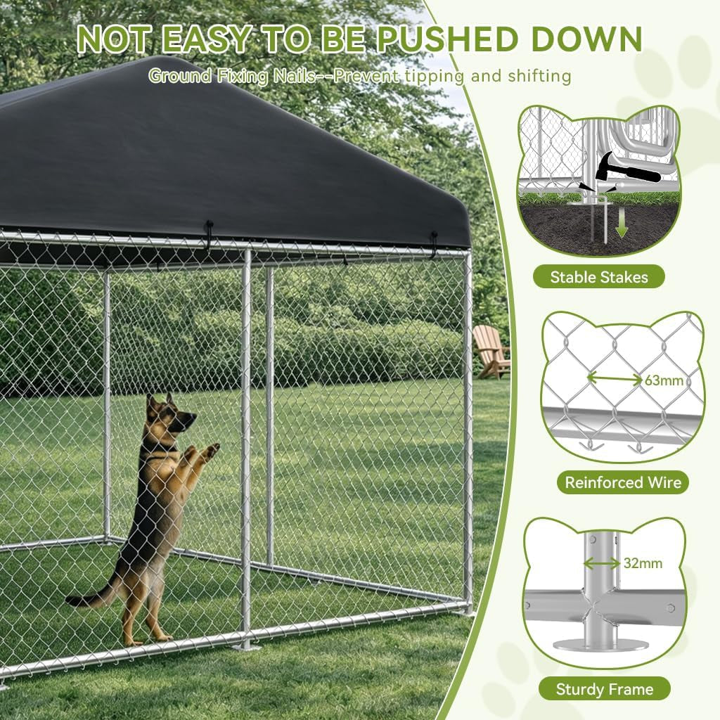 10×10FT Outdoor Dog Kennel with Adjustable Bowls Feeder Heavy Duty Extra-Large Dog Enclosure with Roof & Lock All Weather Resistant for Medium Large Dogs (Dark Black, 10X10Ft (124In)