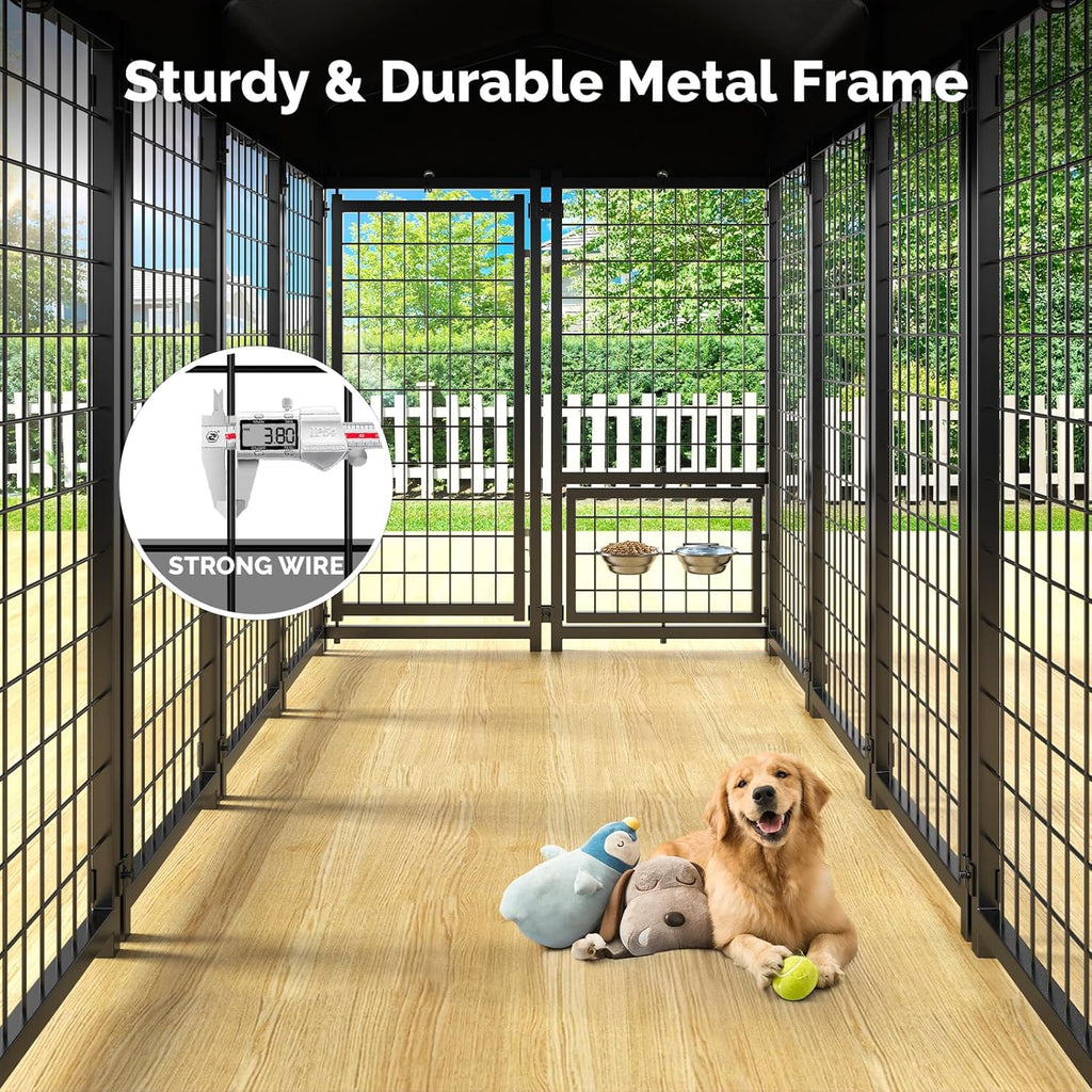Outdoor Dog Kennel outside Run with Doggy Door, Swivel Feeder&Roof - 8X4X6Ft Large Dog Kennels Pens outside for Large Dogs Breed- Heavy Duty Cage Yard (Can Connect to Your Dog House)