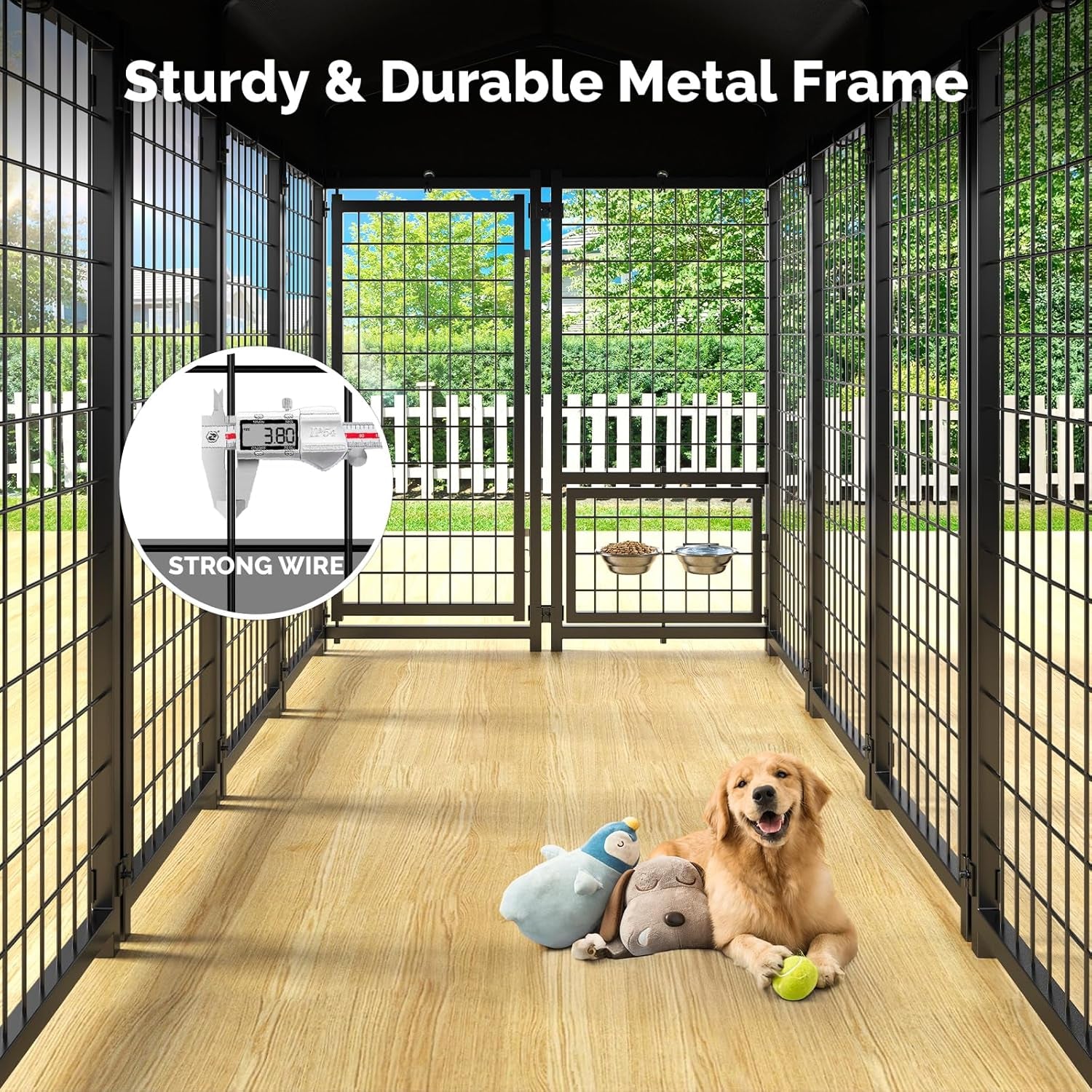 Outdoor Dog Kennel outside Run with Doggy Door, Swivel Feeder&Roof - 8X4X6Ft Large Dog Kennels Pens outside for Large Dogs Breed- Heavy Duty Cage Yard (Can Connect to Your Dog House)