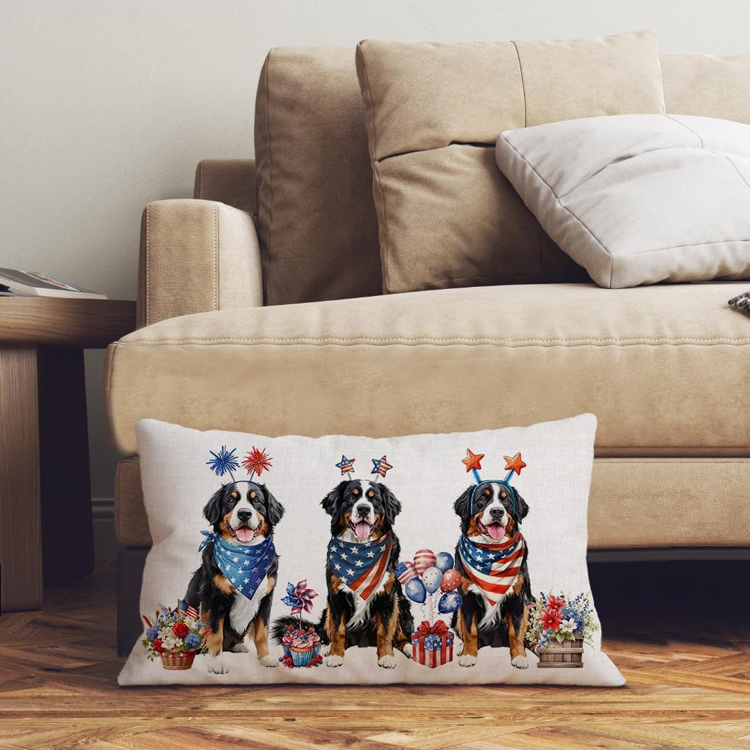 4Th of July Memorial Day Patriotic Lumbar Throw Pillow Cover,12X20 Inch Dog Flowers Independence Day American Fourth of July Decoration for Sofa Couch