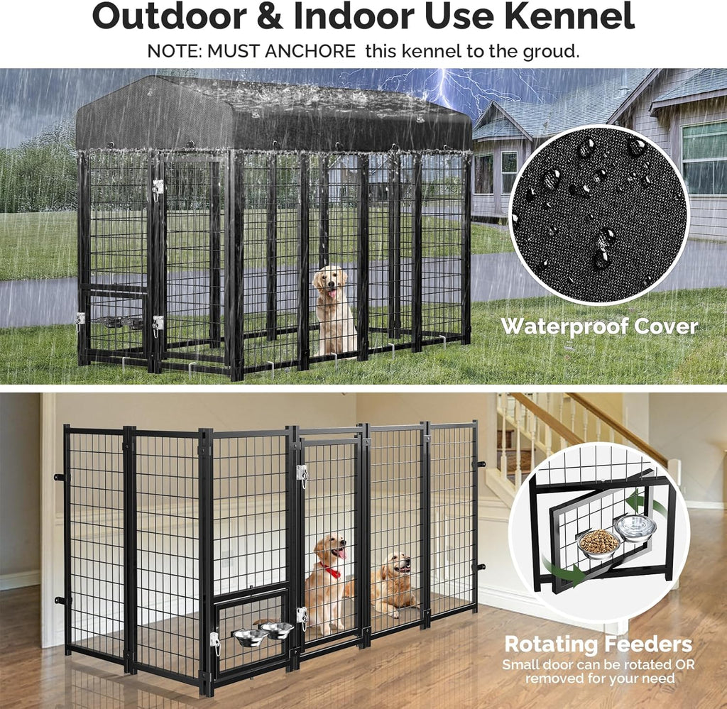 Outdoor Dog Kennel outside Run with Doggy Door, Swivel Feeder&Roof - 8X4X6Ft Large Dog Kennels Pens outside for Large Dogs Breed- Heavy Duty Cage Yard (Can Connect to Your Dog House)