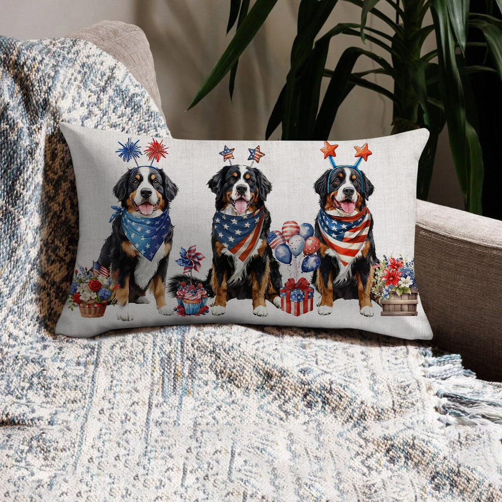 4Th of July Memorial Day Patriotic Lumbar Throw Pillow Cover,12X20 Inch Dog Flowers Independence Day American Fourth of July Decoration for Sofa Couch