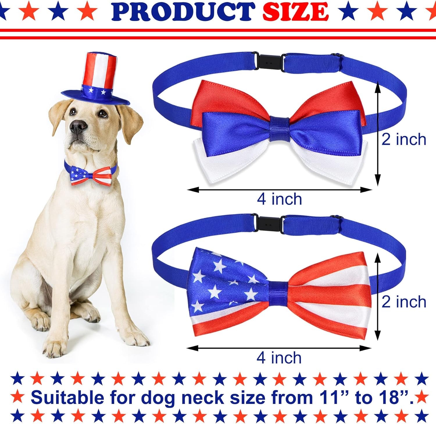 3 PCS Dog 4Th of July Outfit, 4Th of July Dog Clothes Uncle Sam Dog Top Hat, American Flag Dog Bow Tie Collar Red White and Blue Dog Bowtie for Small Medium Large Dogs (Dog Hat & 2Xbow Tie)