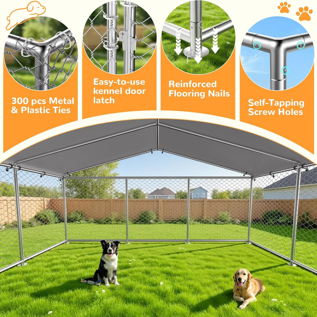 7.8X7.8 FT Extra Large & Heavy Duty Dog Kennel Run - Outdoor Metal Enclosure with Lockable Door and Waterproof Cover for Big Dogs