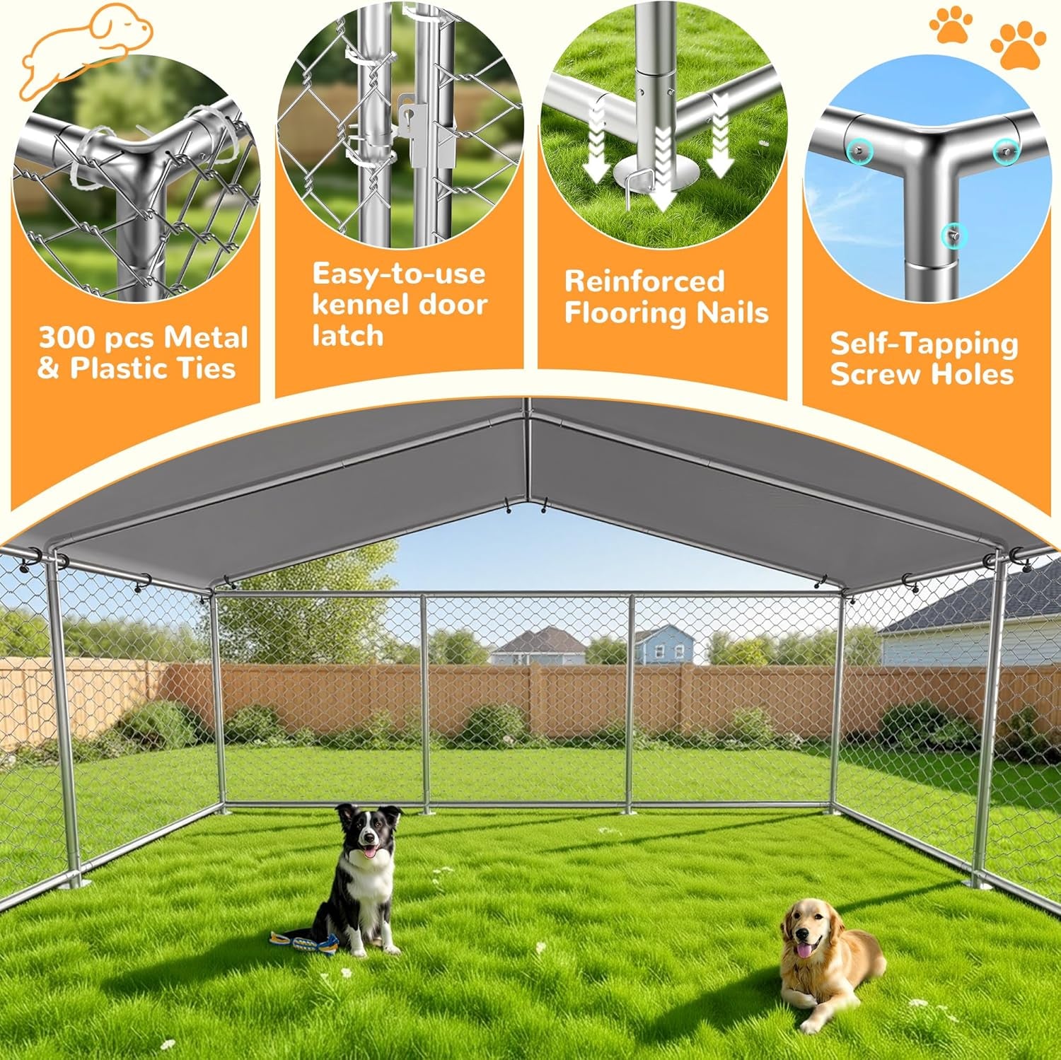 7.8X7.8 FT Extra Large & Heavy Duty Dog Kennel Run - Outdoor Metal Enclosure with Lockable Door and Waterproof Cover for Big Dogs