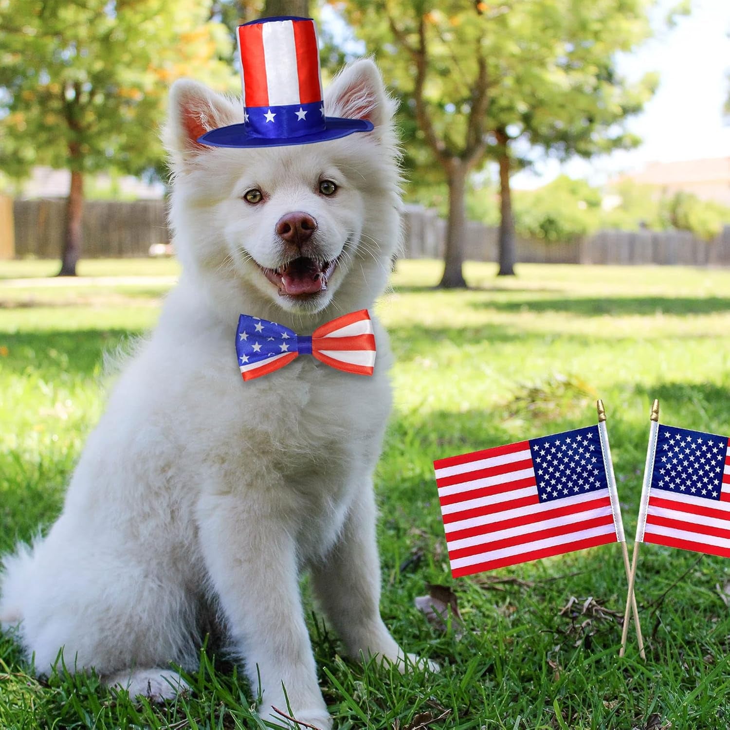 3 PCS Dog 4Th of July Outfit, 4Th of July Dog Clothes Uncle Sam Dog Top Hat, American Flag Dog Bow Tie Collar Red White and Blue Dog Bowtie for Small Medium Large Dogs (Dog Hat & 2Xbow Tie)