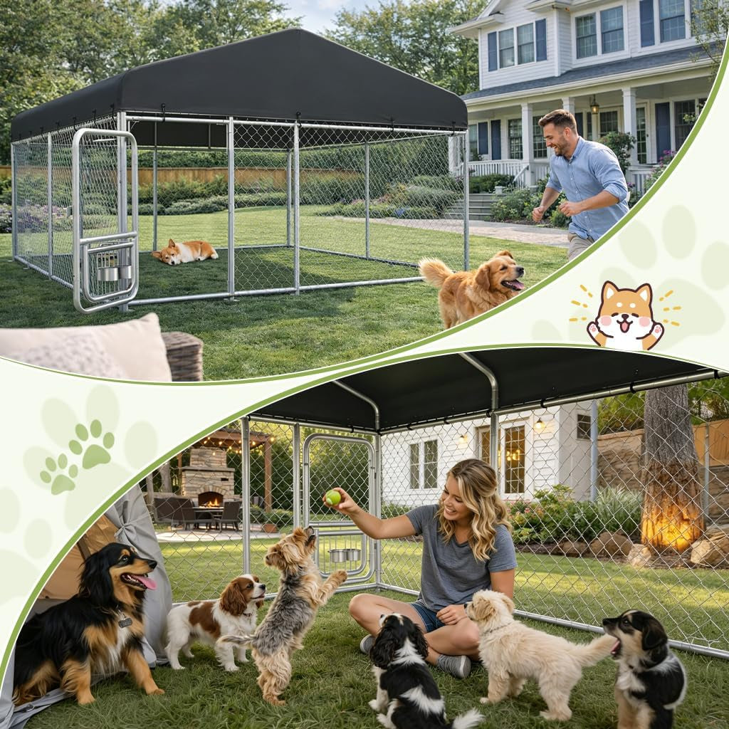 10×10FT Outdoor Dog Kennel with Adjustable Bowls Feeder Heavy Duty Extra-Large Dog Enclosure with Roof & Lock All Weather Resistant for Medium Large Dogs (Dark Black, 10X10Ft (124In)