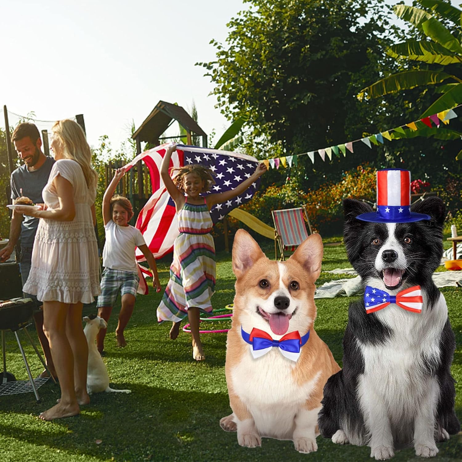3 PCS Dog 4Th of July Outfit, 4Th of July Dog Clothes Uncle Sam Dog Top Hat, American Flag Dog Bow Tie Collar Red White and Blue Dog Bowtie for Small Medium Large Dogs (Dog Hat & 2Xbow Tie)