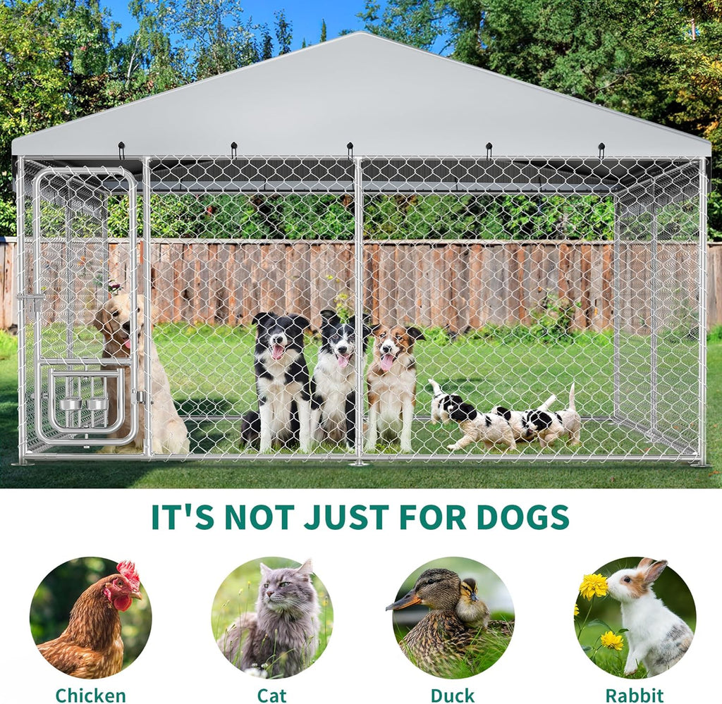 10'X10' Dog Kennel Outdoor with Rotating Feeder Bowls, Outdoor Dog Pens with Roof, Heavy Duty Dog House for Medium Large Dogs