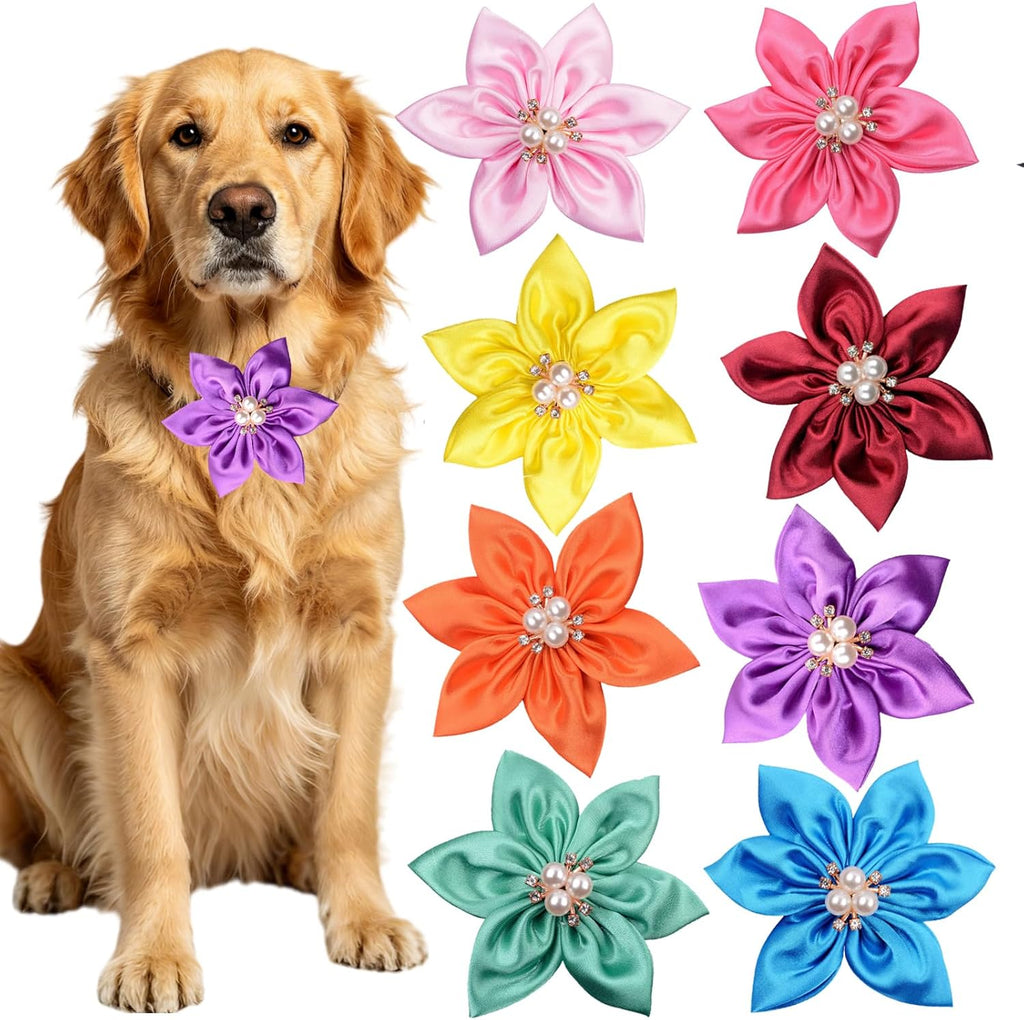 8 PCS Flower Rhinestone Dog Collar, Adjustable Bling Sparkling Jewelry Pet Necklace for Small Medium Dogs Cats, Comfortable Fashion Grooming Accessories for Wedding Party