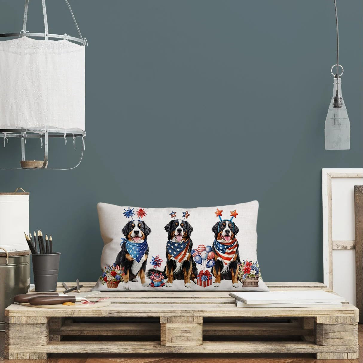 4Th of July Memorial Day Patriotic Lumbar Throw Pillow Cover,12X20 Inch Dog Flowers Independence Day American Fourth of July Decoration for Sofa Couch