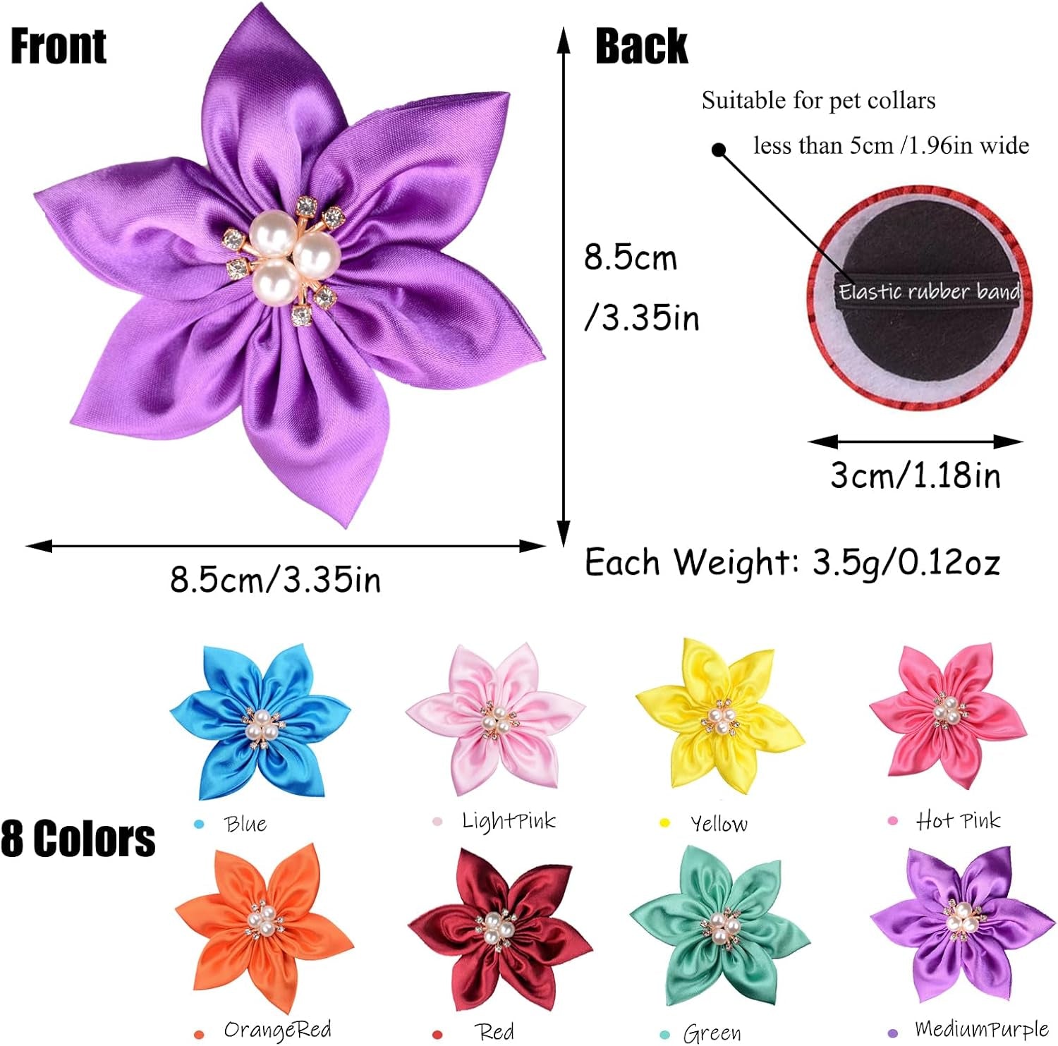 8 PCS Flower Rhinestone Dog Collar, Adjustable Bling Sparkling Jewelry Pet Necklace for Small Medium Dogs Cats, Comfortable Fashion Grooming Accessories for Wedding Party