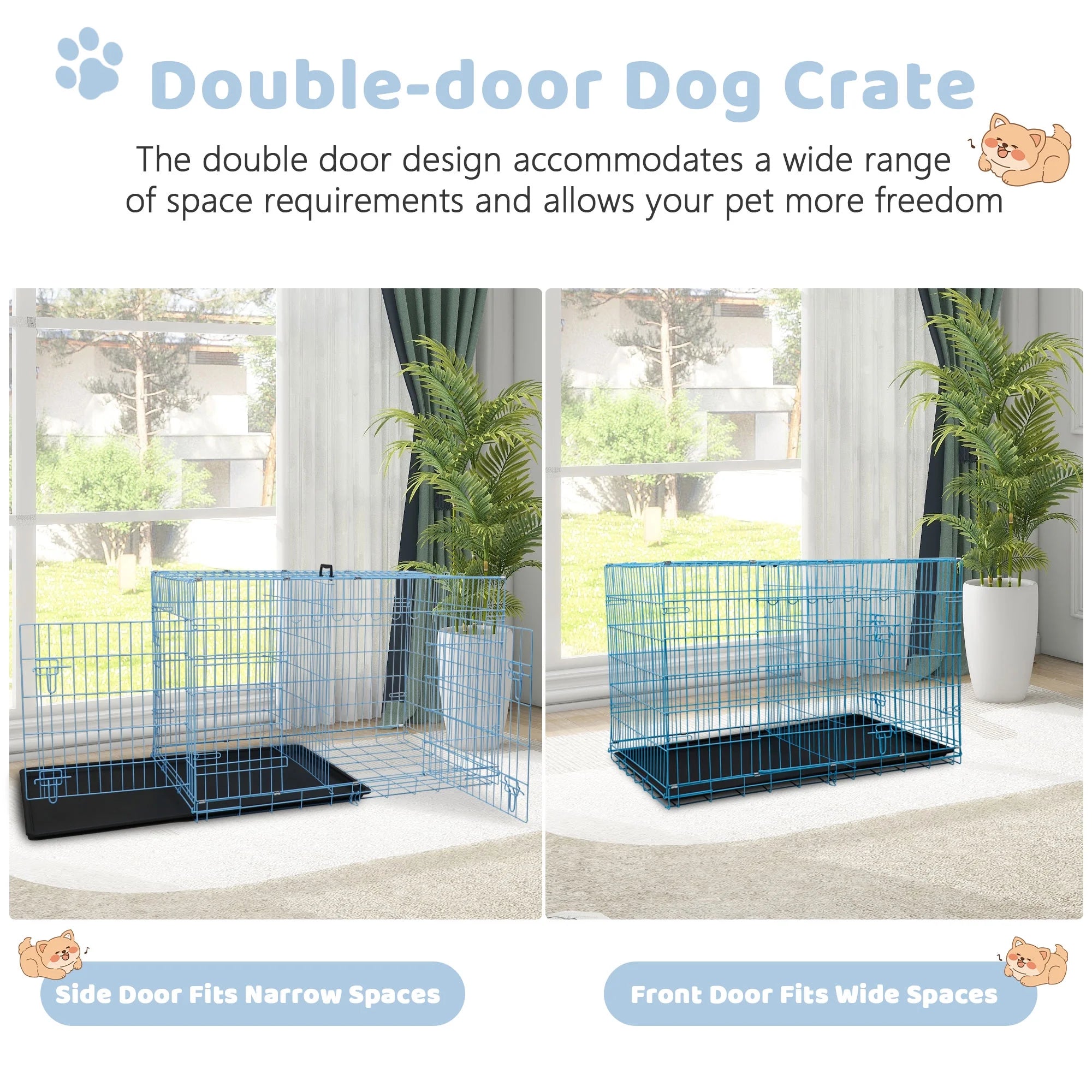 48 Inch Dog Crate, Dog Crates and Kennels Foldable Large Dog Crate for Large Dogs with Handle Double-Door Outdoor Metal Wire Dog Cage with Plastic Tray for Medium Dogs, Blue