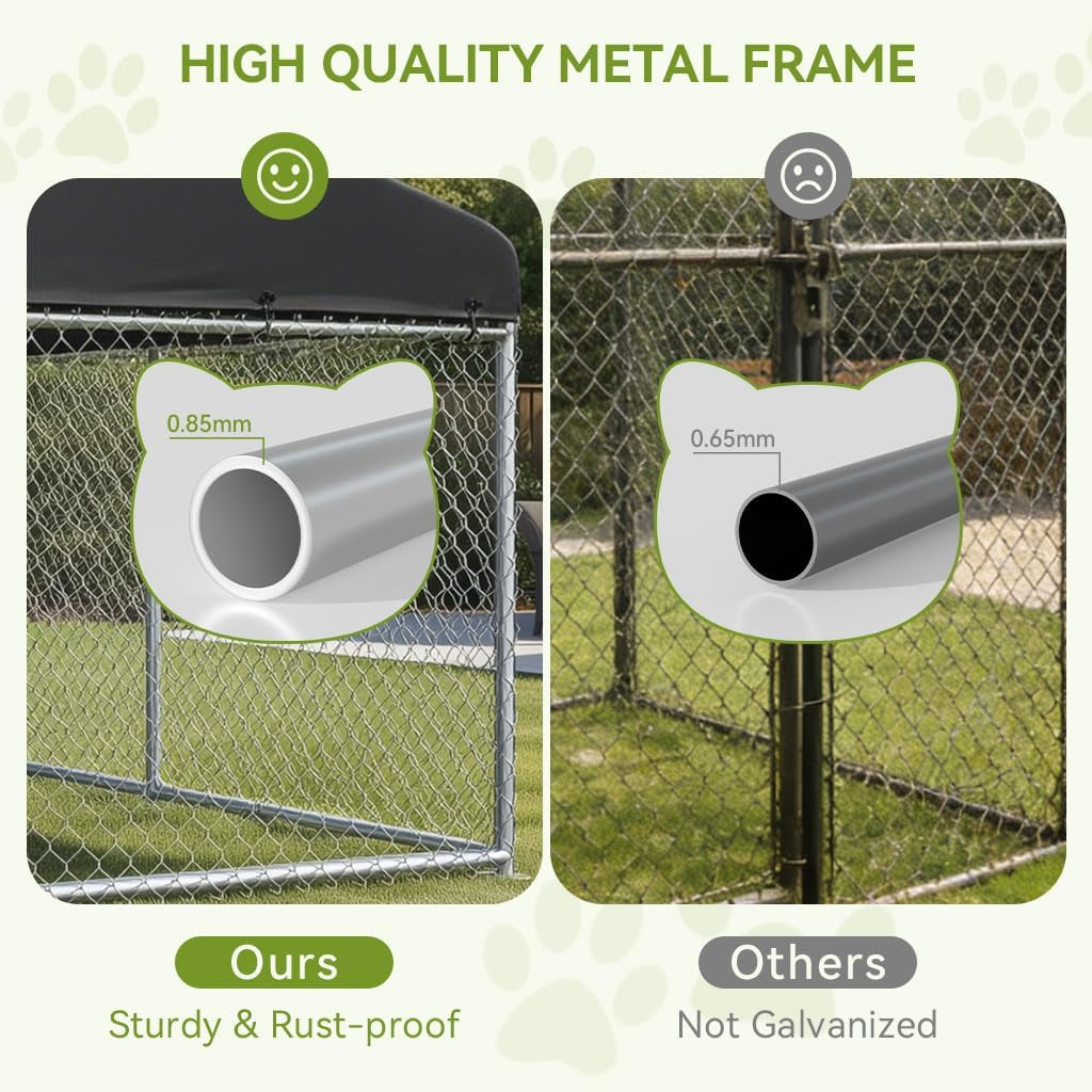 10×10FT Outdoor Dog Kennel with Adjustable Bowls Feeder Heavy Duty Extra-Large Dog Enclosure with Roof & Lock All Weather Resistant for Medium Large Dogs (Dark Black, 10X10Ft (124In)