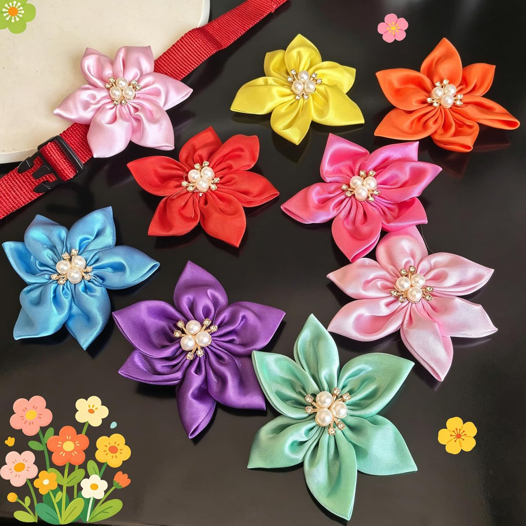 8 PCS Flower Rhinestone Dog Collar, Adjustable Bling Sparkling Jewelry Pet Necklace for Small Medium Dogs Cats, Comfortable Fashion Grooming Accessories for Wedding Party