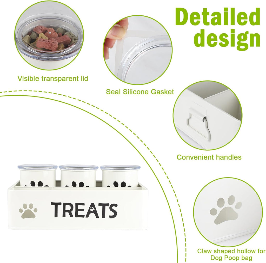 28Oz Metal Dog Treat Container Set of 3,Dog Treat Jars with Airtight Lids,Cat Treat Jar,Dog Treat Canister for Countertop,Coated Galvanized Steel Dog Treats Station-White