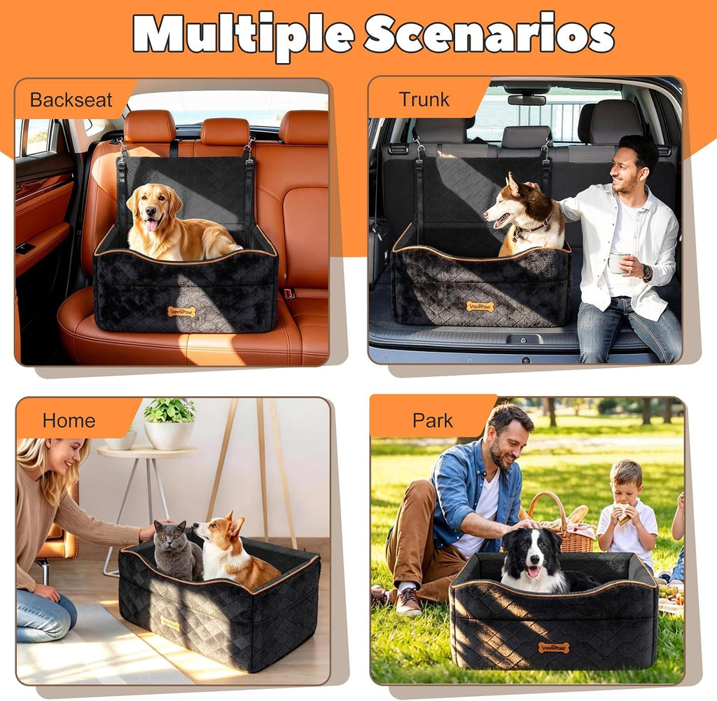 Medium Dog Car Seat, Dog Booster Seat under 50Lbs or 2 Small Dogs Washable, Pet Car Seats with 2 Safety Leash, Dogs Sofa Bed Cushion Add Thick Sponge, Pet Cars Carrier for Travel, Black
